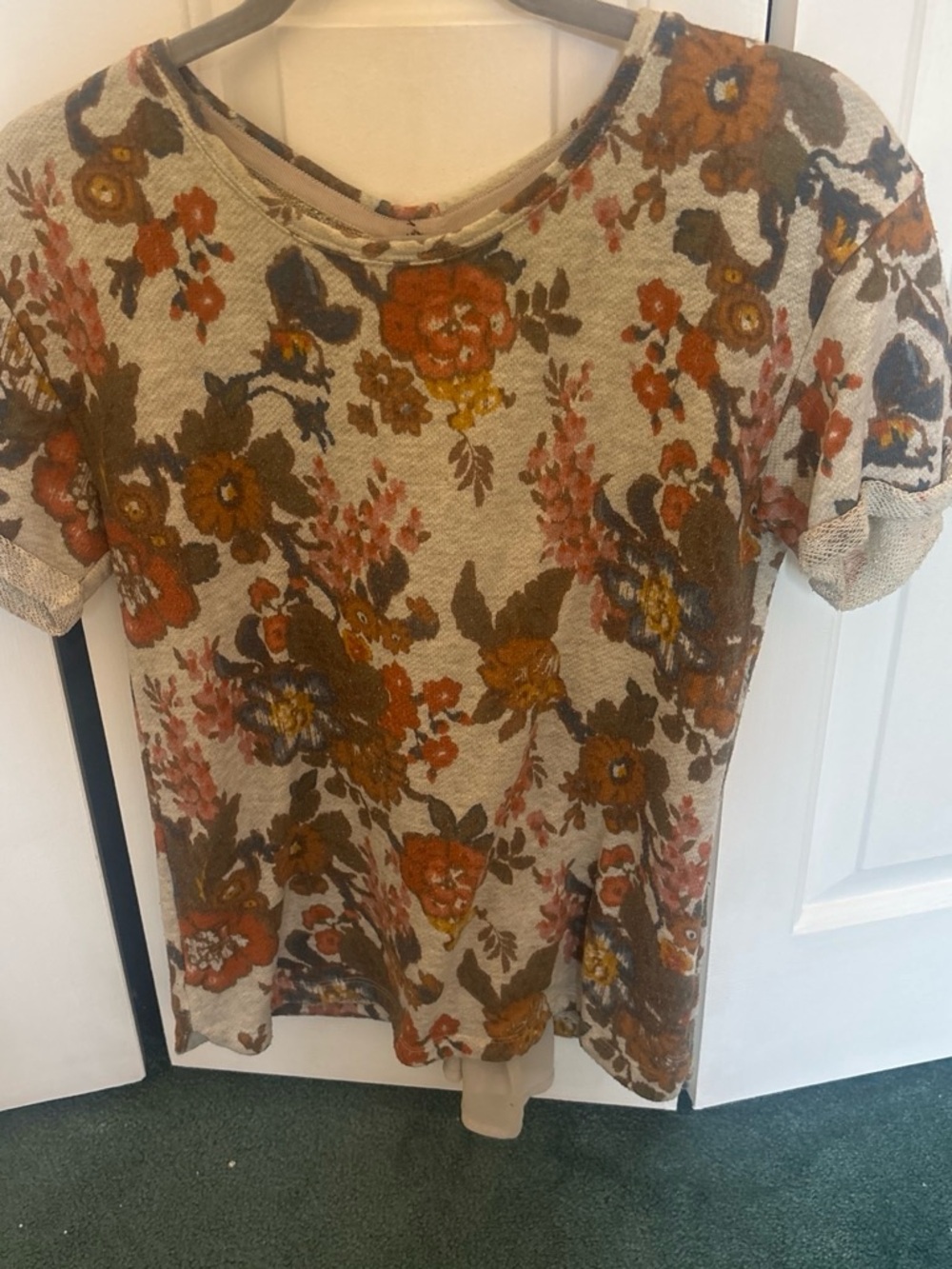 Anthropology Floral Short-Sleeve Tee in Beige with Rust and Olive Accents